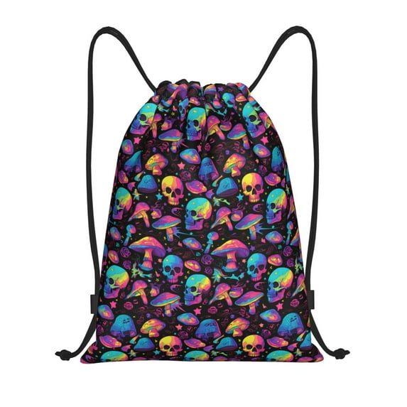 Yiaed colorful mushroom Skull Print Drawstring Bags Drawstring Backpack Bulk String Back Pack Gym Sport Bag-Small