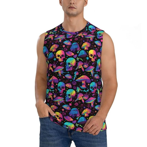 Yiaed colorful mushroom Skull Print Men's Singlet Vests Summer Running Muscle Tank Tops Gym Undershirt Round Neck Sleeveless for man