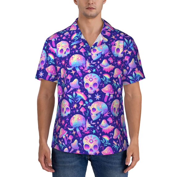 Yiaed colorful mushroom Skull rainbow Print Hawaiian Shirt for Men Short Sleeve Button Down Shirts Beach Shirts for Men-Small