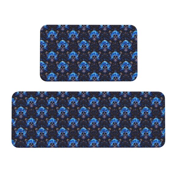 Yiaed cool blue flower Skull Kitchen Rugs Sets of 2 Kitchen Mats Cushioned Anti Fatigue Kitchen Rug Tapetes Para Cocina for Sink,Laundry Room