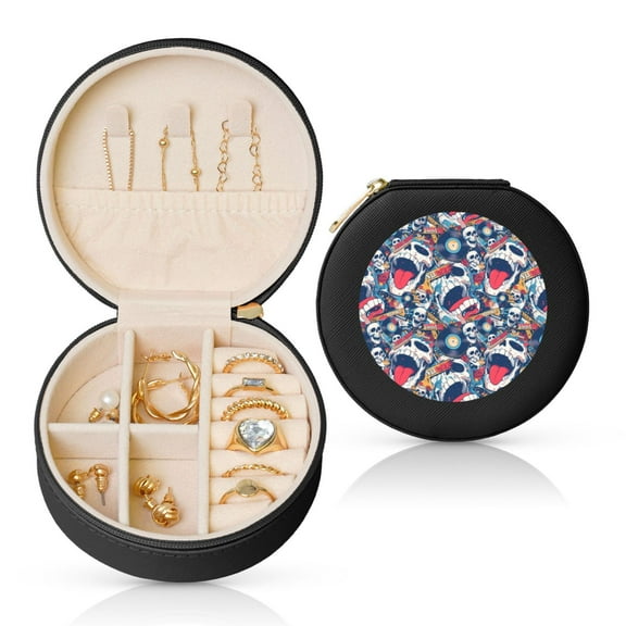 Yiaed cool rock Skull Print Travel Jewelry Case Bridesmaid Gift Boxes Jewelry Travel Organizer Small Round Jewelry Box Mini Storage-Black