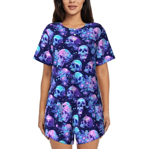 Yiaed crystal Skull flower star Print Short Sleeve Pajama Sets for Women Casual Crew Neck 2 Piece Lounge Sets Women's Short-Sleeved Pajama-3X-Large