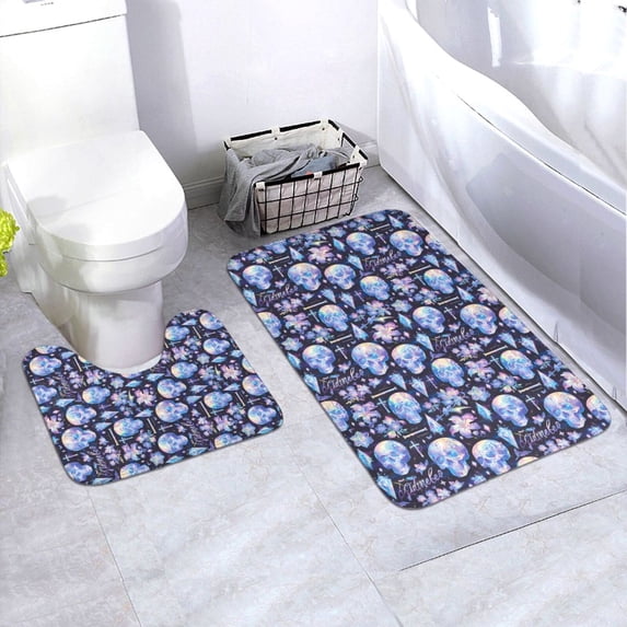 Yiaed crystal cool Skull flower Print Bathroom Mat Set 2 Pieces Mat Anti-Skid Pad Ultra Soft and Absorbent Bathroom Bath Mat Contour Bath Rugs for Toilet Base