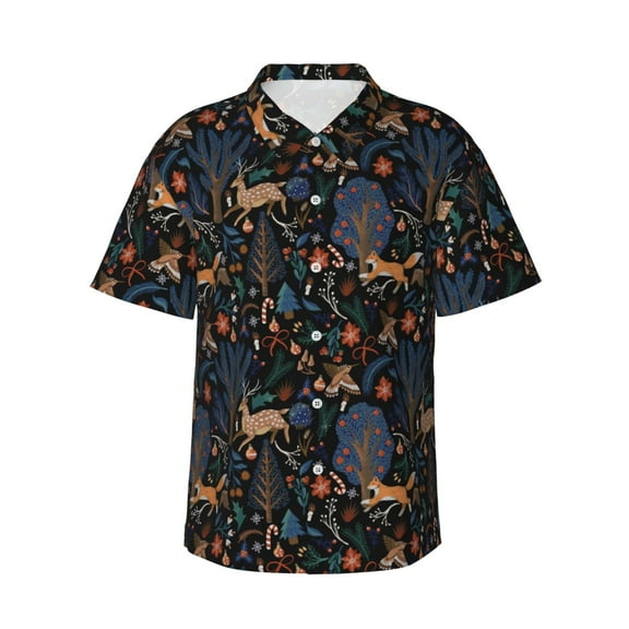 Yiaed fall fox deer bird Print Hawaiian Shirt for Men Short Sleeve Button Down Shirts Beach Shirts for Men,Small
