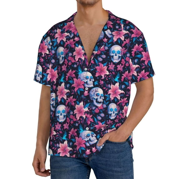 Yiaed funny Skull daisy flower Print Mens Casual Wrinkle Free Shirts Short Sleeve Button Down Summer Stretch Dress Shirt-XX-Large