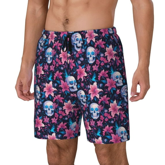 Yiaed funny Skull daisy flower Print Mens Swim Trunks Bathing Suit Compression Liner Beach Swim Shorts Swimwear Quick Dry Zipper Pocket No-Chafing Board Short-3X-Large