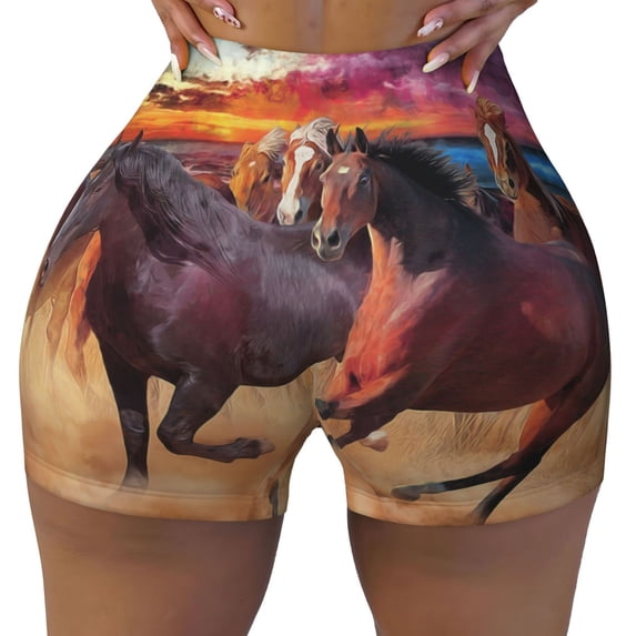 Yiaed a herd of horses Print Women's Athletic Shorts Running Shorts Sporty Short High Waisted Elastic Workout Shorts for Yoga Gym Running & Sports -Medium