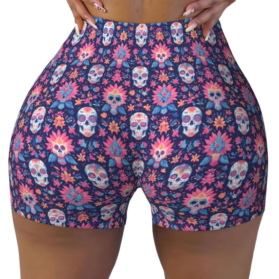 Yiaed leaf flower Skull colorful Print Women's Athletic Shorts Running Shorts Sporty Short High Waisted Elastic Workout Shorts for Yoga Gym Running & Sports -XX-Large