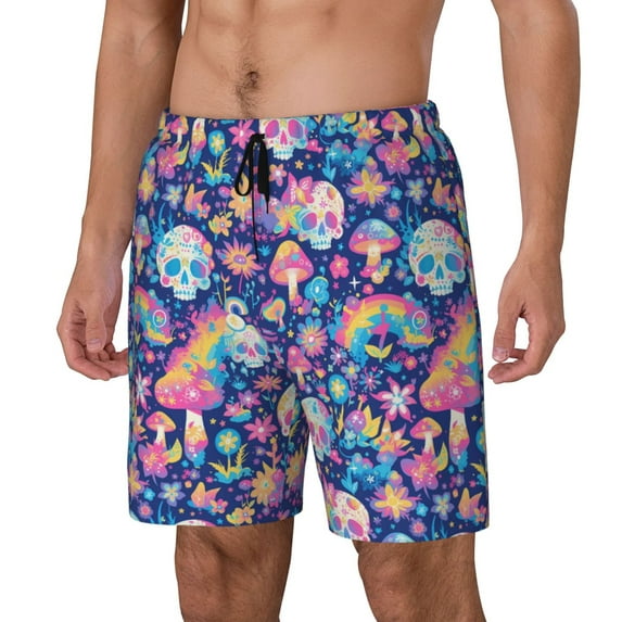 Yiaed mushroom Skull rainbow color Print Mens Swim Trunks Bathing Suit Compression Liner Beach Swim Shorts Swimwear Quick Dry Zipper Pocket No-Chafing Board Short-Large