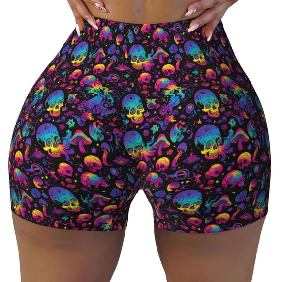 Yiaed mushroom colorful Skull Print Women's Athletic Shorts Running Shorts Sporty Short High Waisted Elastic Workout Shorts for Yoga Gym Running & Sports -Small