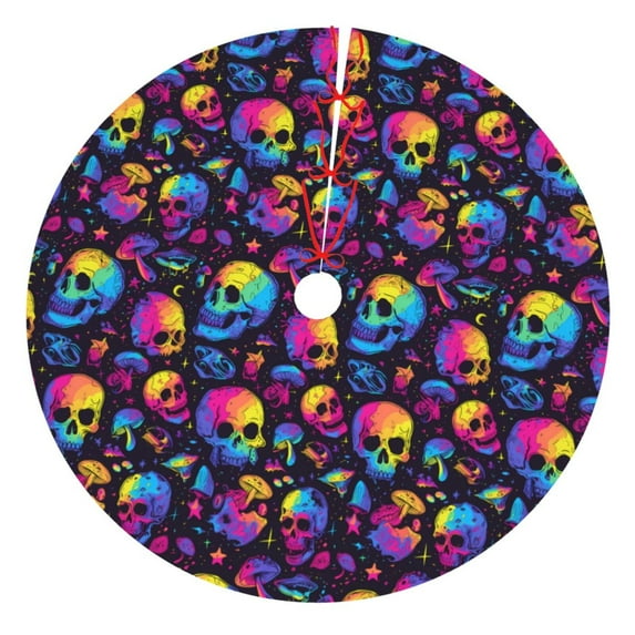 Yiaed mushroom rainbow color Skull Print Christmas Tree Skirt , Tree SkirtsTree Mat for Christmas Winter Holiday Indoor Decorations-48"