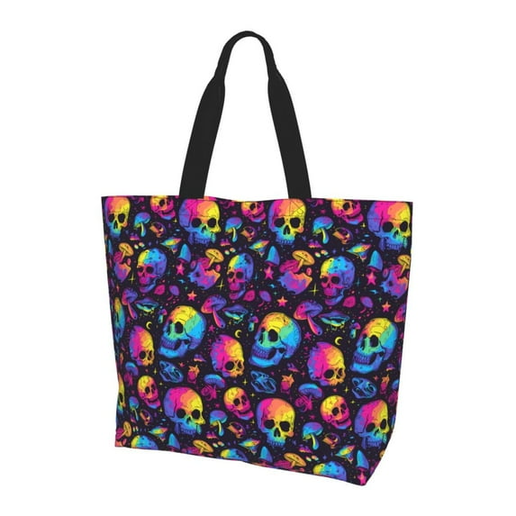 Yiaed mushroom rainbow color Skull Print Handbag for Women Tote Purse Shoulder Bag Large Fashion Hobo Purse Handbag Shopping Tote