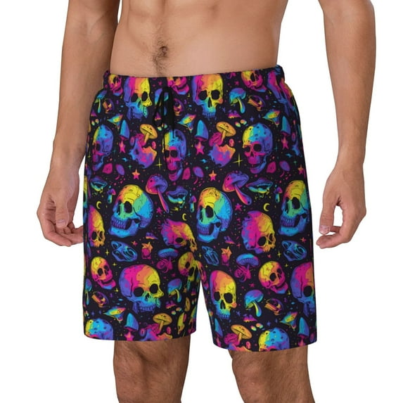 Yiaed mushroom rainbow color Skull Print Mens Swim Trunks Bathing Suit Compression Liner Beach Swim Shorts Swimwear Quick Dry Zipper Pocket No-Chafing Board Short-Medium