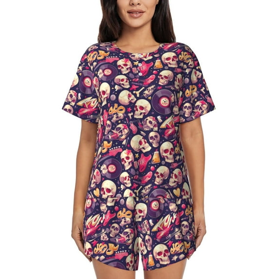 Yiaed music Skull record Guitar Print Short Sleeve Pajama Sets for Women Casual Crew Neck 2 Piece Lounge Sets Women's Short-Sleeved Pajama-Small