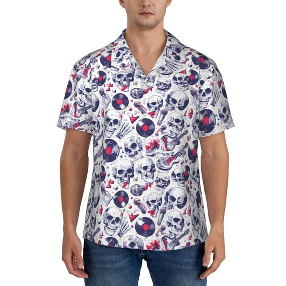 Yiaed music Skull record mike Print Hawaiian Shirt for Men Short Sleeve Button Down Shirts Beach Shirts for Men-3X-Large