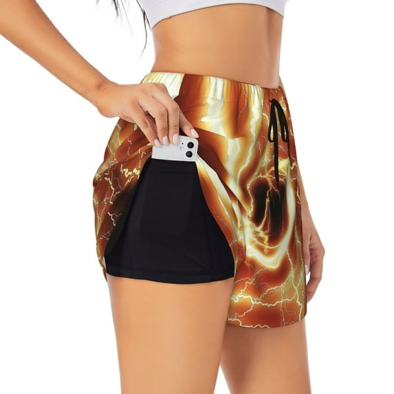 Yiaed orange lightning Print Women's Running Shorts with Liner 3 Zipper Pockets Elastic Workout Athletic Gym Yoga Shorts-Small