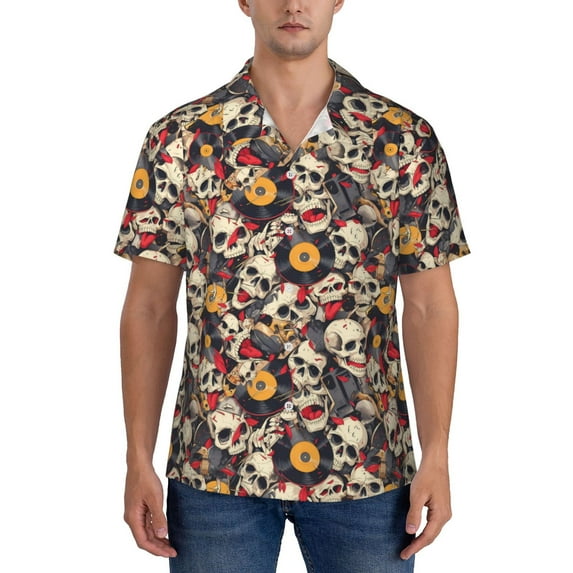 Yiaed rock Skull record artist Print Hawaiian Shirt for Men Short Sleeve Button Down Shirts Beach Shirts for Men-XX-Large