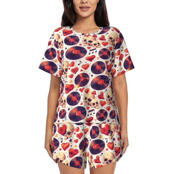 Yiaed rock Skull record heart Print Short Sleeve Pajama Sets for Women Casual Crew Neck 2 Piece Lounge Sets Women's Short-Sleeved Pajama-XX-Large
