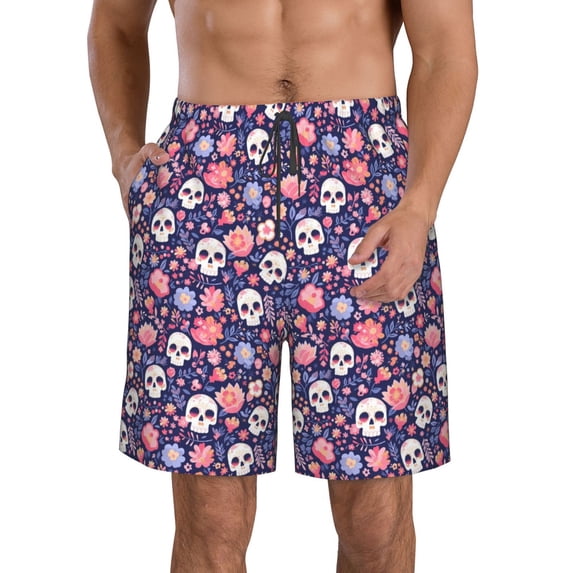 Yiaed white Skull Flower Print Men's Swim Trunks with Lining Quick Dry Sports Shorts Beach Shorts Boardshorts-3X-Large