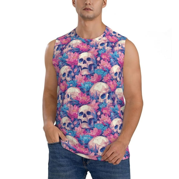 Yiaed white Skull blue flower Print Men's Singlet Vests Summer Running Muscle Tank Tops Gym Undershirt Round Neck Sleeveless for man