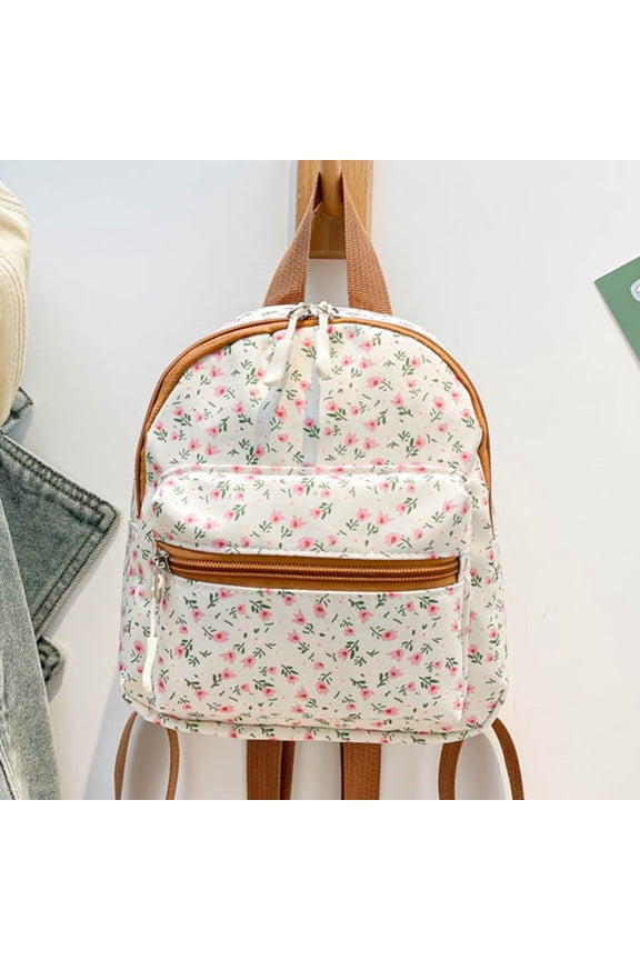 Mini Floral Backpack for Women Polyester Small Backpack Purse Shoulder Bag for School Travel (Brown)