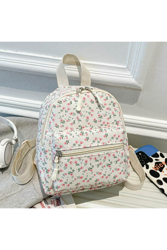 Yucurem Mini Floral Backpack for Women Polyester Small Backpack Purse Shoulder Bag for School Travel (White)