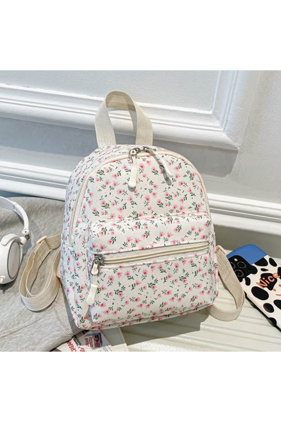 Mini Floral Backpack for Women Polyester Small Backpack Purse Shoulder Bag for School Travel (White)