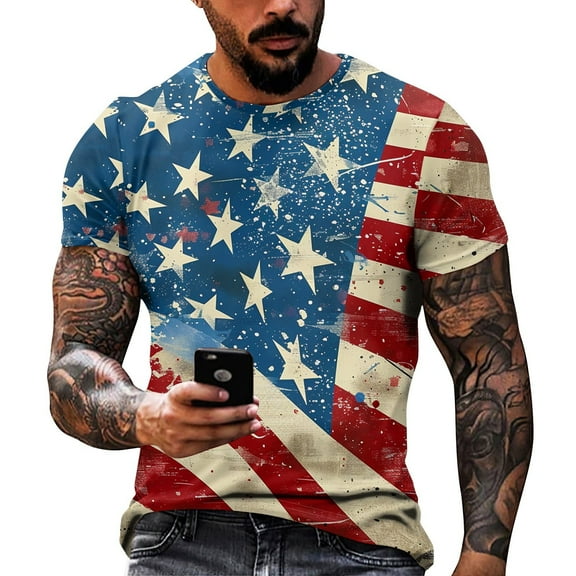 Yiaimeir Casual Round Neck T-Shirt for Men Independence Day Print Short Sleeved