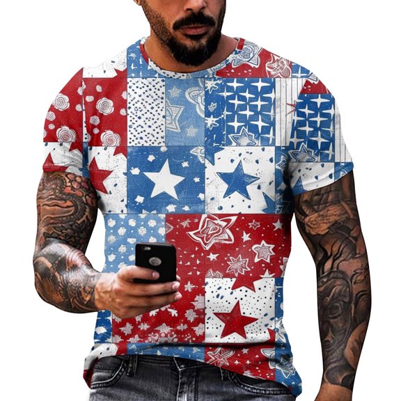 Yiaimeir ‌Casual Round Neck T-Shirt for Men Independence Day Print Short Sleeved‌