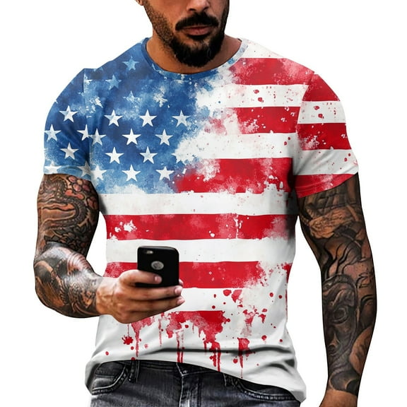 Yiaimeir ‌Casual Round Neck T-Shirt for Men Independence Day Print Short Sleeved‌