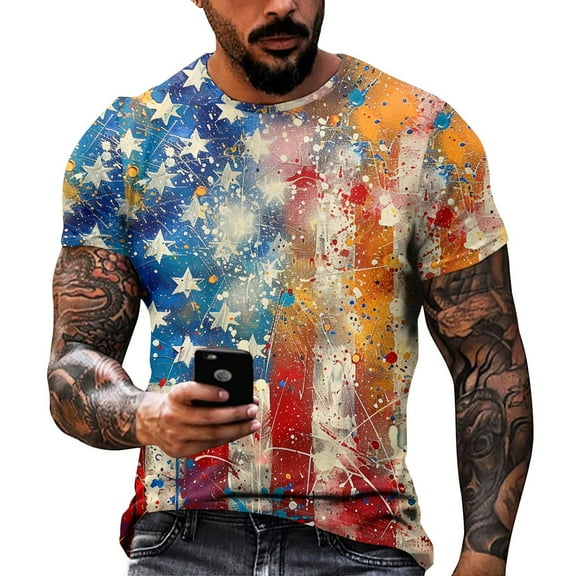 Yiaimeir ‌Casual Round Neck T-Shirt for Men Independence Day Print Short Sleeved‌