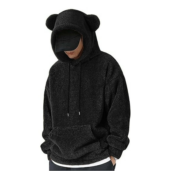 Yiaimeir Cozy Fleece Hoodie with Cute Ear Design for Men and Women Plush Warm Pullover Sweatshirt with Kangaroo Pocket and Drawstring Hood