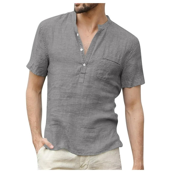 Yiaimeir Designer Summer Men's Casual Shirts Cotton Linen Solid Color Short Sleeve Shirts Tops,Size M-3XL