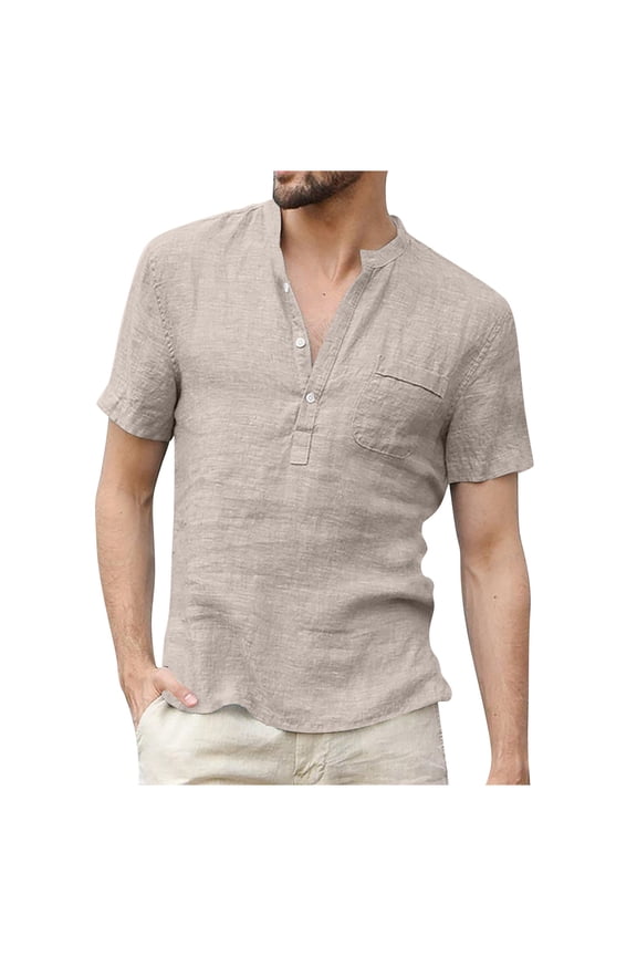 Designer Summer Men's Casual Shirts Cotton Linen Solid Color Short Sleeve Shirts Tops,Size M-3XL
