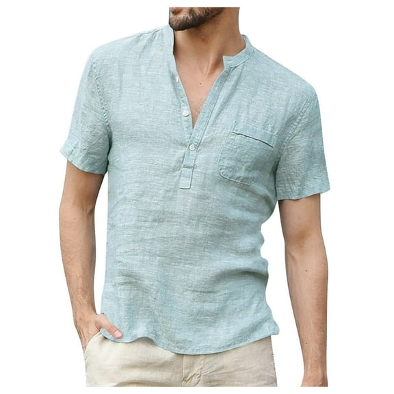 Yiaimeir Designer Summer Men's Casual Shirts Cotton Linen Solid Color Short Sleeve Shirts Tops,Size M-3XL