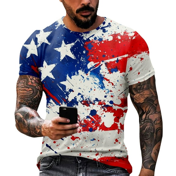 Yiaimeir Independence Day Men's T-shirt Printed Casual Round Neck Short Sleeved T-shirt