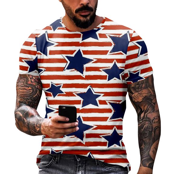 Yiaimeir ‌Independence Day Print Men's T-Shirt Casual Round Neck Short Sleeved‌