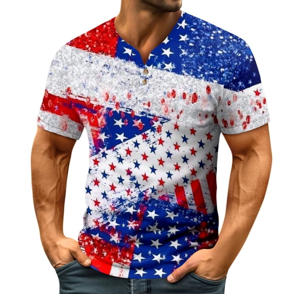 Yiaimeir Independent Day Print Short Sleeved Top Men's Casual V-Neck with Buttons‌ T-Shirt