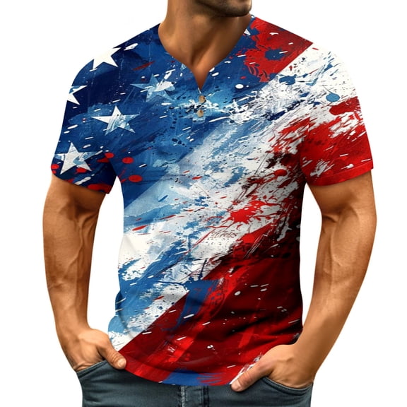 Yiaimeir Independent Day Print Short Sleeved Top Men's Casual V-Neck with Buttons‌ T-Shirt