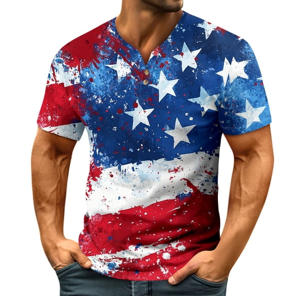 Yiaimeir Independent Day Summer Casual Short Sleeved Top Men's V-Neck T-Shirt