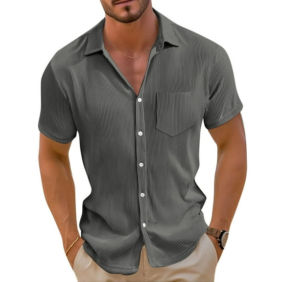 Yiaimeir ‌Loose Fit Button-Up Casual T-shirt Men's Solid Color Breathable Short Sleeve‌
