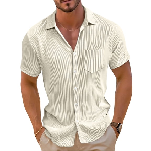 Yiaimeir ‌Loose Fit Button-Up Casual T-shirt Men's Solid Color Breathable Short Sleeve‌