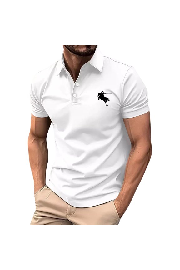 Man And Horse Print Summer Short Sleeved Lapel Button Men's Casual Top Streetwear,Size S-2XL