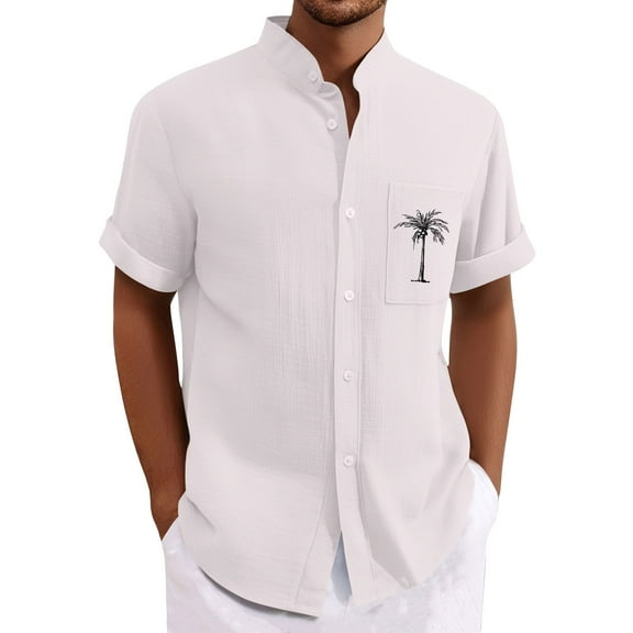 Yiaimeir Men'S Casual Loose Fitting Short Sleeved Printed Shirt Fashion Standing Collar Top,Size M-3XL