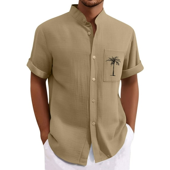 Yiaimeir Men'S Casual Loose Fitting Short Sleeved Printed Shirt Fashion Standing Collar Top,Size M-3XL