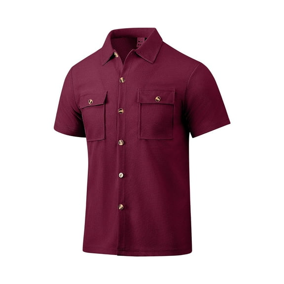 Yiaimeir Men's Casual Business Solid Color Double Short Sleeve Shirt Summer Clothing,Size M-3XL