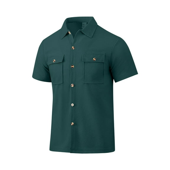 Yiaimeir Men's Casual Business Solid Color Double Short Sleeve Shirt Summer Clothing,Size M-3XL
