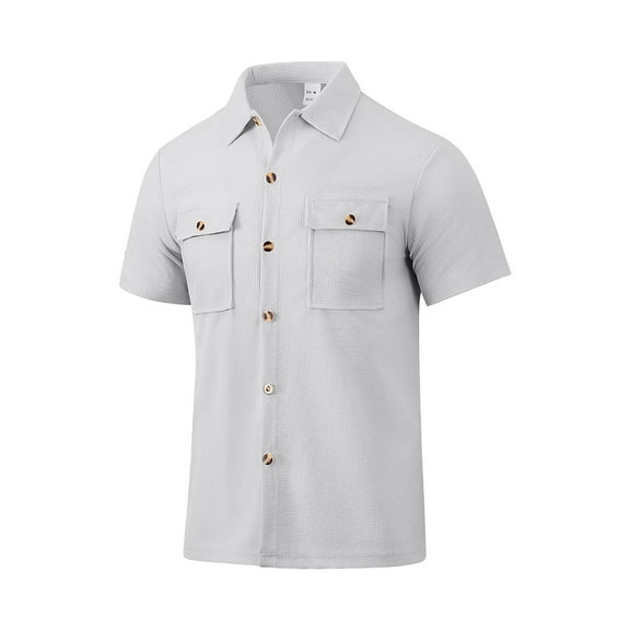 Yiaimeir Men's Casual Business Solid Color Double Short Sleeve Shirt Summer Clothing,Size M-3XL