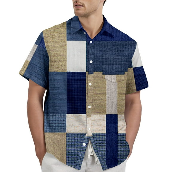 Yiaimeir Men's Casual Patchwork Short Sleeve Button-Down Shirt, Lightweight Breathable Summer Top, Green/Blue/White ，Size S-2XL