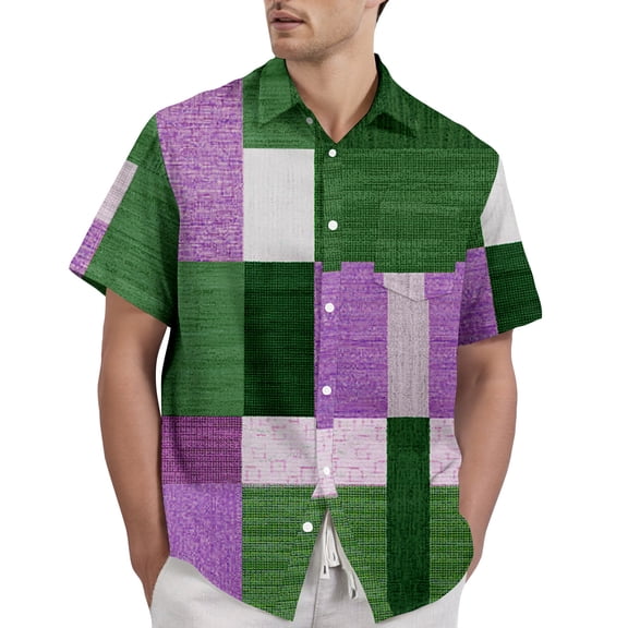 Yiaimeir Men's Casual Patchwork Short Sleeve Button-Down Shirt, Lightweight Breathable Summer Top, Green/Blue/White ，Size S-2XL